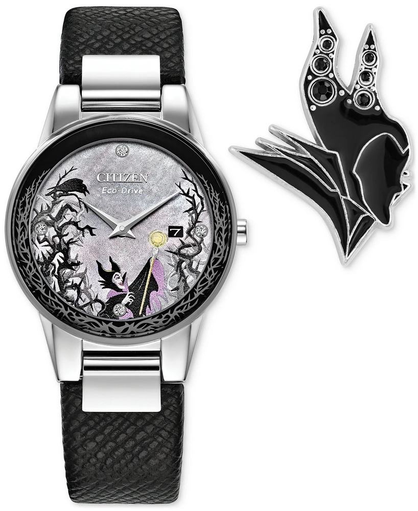 Citizen Eco-Drive Women's Disney Villains Maleficent's Charm Black Leather Strap Watch 30mm Boxed Set