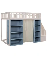 Full Size Loft Bed with 2 Four-layer Storage Cabinets and Curtain, White+Blue(Expected Arrival Time:9.28)