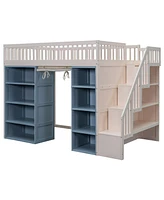 Streamdale Furniture Full Size Loft Bed with 2 Four-layer Storage Cabinets and Curtain, White+Blue(Expected Arrival Time:9.28)