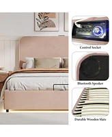 Streamdale Furniture Upholstered Platform Queen Size Hydraulic Storage Bed, Lift Up Storage Bed with Rgb Led Light, Bluetooth Speaker, No Box Spring N