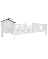 Streamdale Furniture Twin Size Wood Platform Bed with House-shaped Headboard, Led and Built-in Storage, White