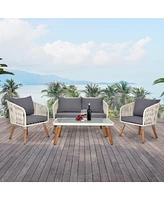 Slickblue 4 Piece Patio Furniture Set, Outdoor Acacia Wood Conversation Set, All-Weather Rope Sofa Set with Coffee Table, Loveseat