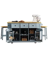 53" Kitchen Island with Storage, Power Outlet, Bar Stools