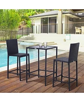 3pcs Rattan Bar Set with Glass Top Table, 2 Bar Stools for Outdoor, Patio, Garden, Poolside, Backyard