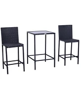 Simplie Fun 3pcs Rattan Bar Set with Glass Top Table, 2 Bar Stools for Outdoor, Patio, Garden, Poolside, Backyard