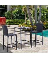 Simplie Fun 3pcs Rattan Bar Set with Glass Top Table, 2 Bar Stools for Outdoor, Patio, Garden, Poolside, Backyard