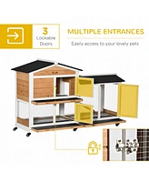 62" Rabbit Hutch, Wooden Bunny Hutch, Guinea Pig Cage, Small Animal Enclosure with Wheels, Run Area, Removable Tray, Asphalt Roof, Lockable Doors