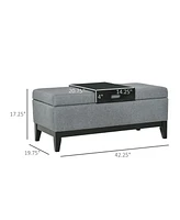 42" Rectangular Storage Ottoman Bench, Linen Fabric Coffee Table Ottoman with Removable Tray for Living Room, Entryway, or Bedroom, Gray