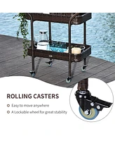 Rattan Wicker Serving Cart: 2-Tier Outdoor Bar Cart with Brakes