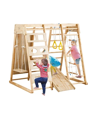 Streamdale Furniture Toddler Indoor Wooden Gym 8 in 1 Indoor Playground Climbing Toy Set with Slide Swing Climbing Net Rings, Kids Indoor Playground C