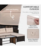 3 Piece Patio Furniture Set, Rattan Outdoor Sofa Set with Chaise Lounge & Loveseat, Soft Cushions, Tempered Glass Table, L-Shaped Sectional Couch, Bei