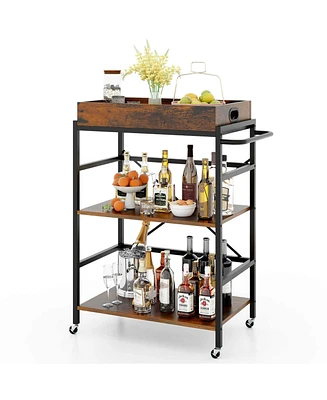 Costway 3-Tier Bar Cart with Detachable Tray 4 Lockable Casters & 1 Handy Handle