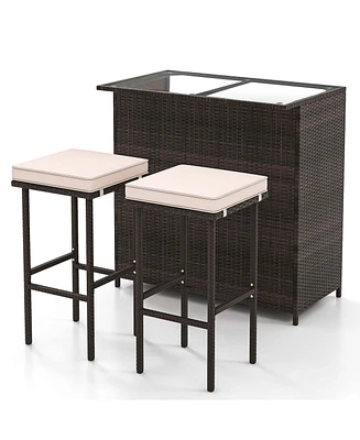 Costway 3 Pcs Patio Bar Set with Tempered Glass Tabletop 2-Tier Storage Removable Cushions