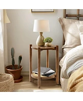 LuxenHome Chestnut Finish Pine and Mdf Wood Accent Round Table with Rattan Shelf