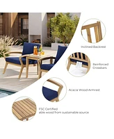 LuxenHome Outdoor Acacia Wood Side Table and Set of 2 Armchairs with Cushions, Blue