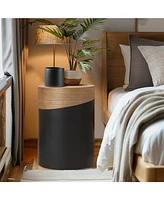 LuxenHome Natural Wood and Metal Round Drum Modern Accent End Side Table