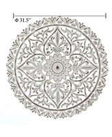 LuxenHome Distressed White Wood Flower 31.5" Round Wall Decor