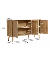 LuxenHome 47.2" Wide 3-Door Rattan Light Oak Finish Wood Sideboard Cabinet