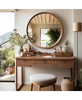 LuxenHome Natural Rubberwood Frame Round Wall Mirror