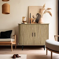 LuxenHome Mid-Century Modern 2-Door Accent Cabinet with Slatted Sliding Doors