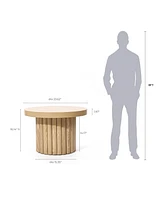 LuxenHome End Table 23.6"Wide Brown Wood Fluted Round Coffee Table and Side Table for Living Room