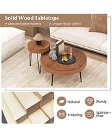 Costway Farmhouse Round CoffeeTable Set of 2 End Table Natural Finish for Living Room Coffee