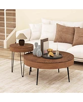 Costway Farmhouse Round CoffeeTable Set of 2 End Table Natural Finish for Living Room Coffee