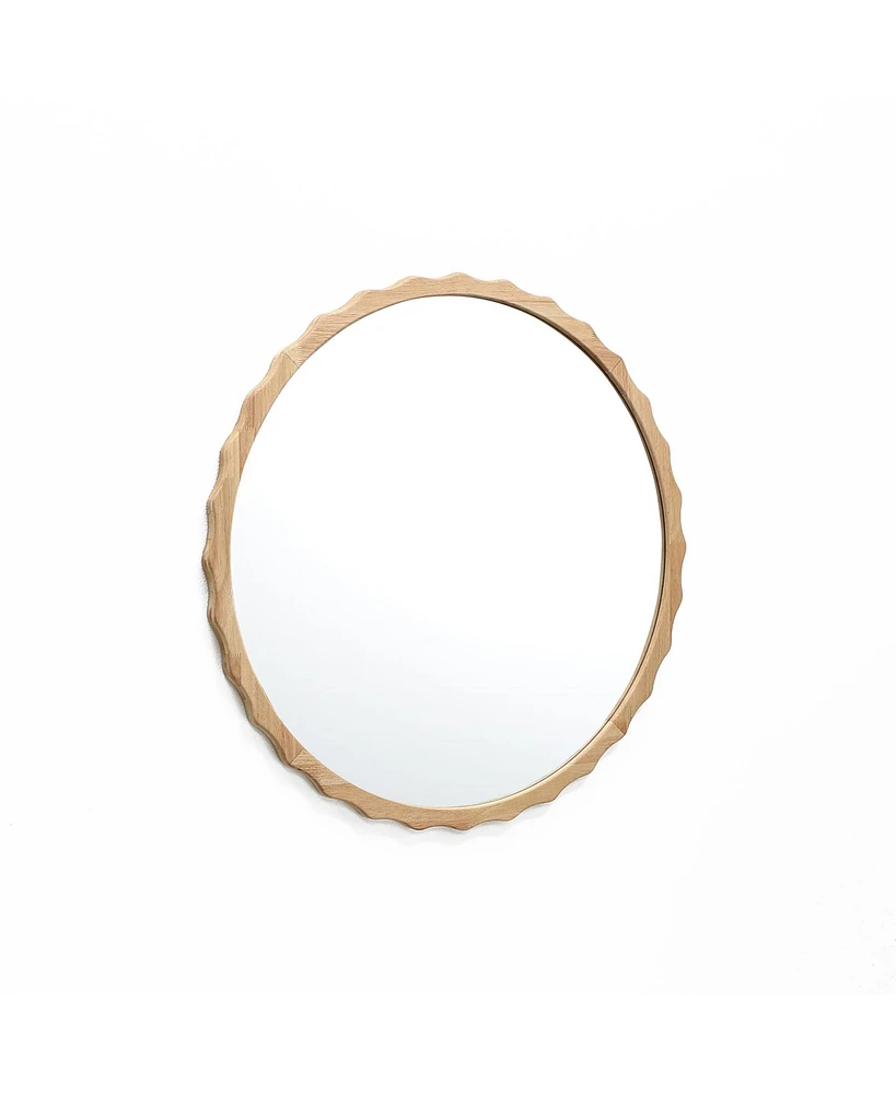 LuxenHome 31.5-Inch Round Natural Rubberwood Scalloped Frame Wall Mirror