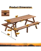 8 Person Brown Wooden Picnic Table, Outdoor Camping Dining Table with 2 Seats, Garden, Diy with 2 Built-in Benches, 2220lb Capacity