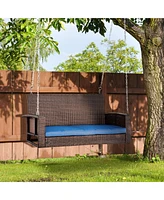 2 Person Wicker Hanging Swing Bench, Front Porch Swing Outdoor Chair with Cushions 550 lbs. Weight Capacity for Backyard, Garden, Blue