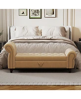 64.5" Bed Bench for Bed Room Nails Tufted Chaise of Lounge with Storage Velvet Upholstery Khaki