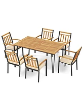 Costway 7 Pcs Patio Dining Set with Acacia Wood Dining Table Rattan Armchairs Soft Cushions