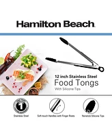 Hamilton Beach Stainless Steel 12in Food Tong with Silicon Top, Serving Tongs for cooking, Spaghetti Spoon with Non-Stick Silicone Tips, Multi-functio