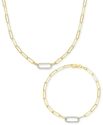 2-Pc. Set Diamond Paperclip Link Collar Necklace & Bracelet (1/4 ct. t.w.) in 14k Gold-Plated Sterling Silver