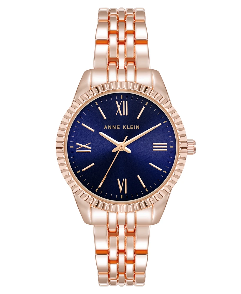 Anne Klein Women's Quartz Round Navy Coin Edge Rose Gold-Tone Alloy Metal Watch, 30mm