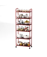 Red 6 Tier Slim Rolling Storage Cart, Mobile Shelving Unit with Wheels, Metal Wire Storage Shelving Rack with Baskets for Kitchen Bathroom Office Laun