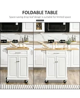 Kitchen Island with Drop Leaf Trolley Cart on Wheels Drawer Cabinet Towel Racks Versatile Use Natural Wood Top and White