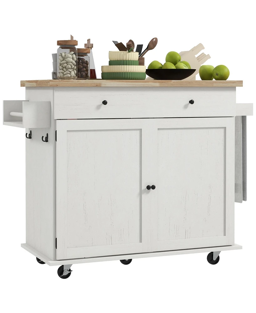 Kitchen Island with Storage, Farmhouse Rolling Kitchen Island Cart on Wheels with Drawer, 2 Cabinets, Rubberwood Top, Spice Rack, Towel Racks and 2 Ho