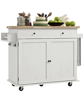 Kitchen Island with Storage, Farmhouse Rolling Kitchen Island Cart on Wheels with Drawer, 2 Cabinets, Rubberwood Top, Spice Rack, Towel Racks and 2 Ho