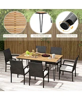 Costway 7 Pcs Patio Dining Set with Acacia Wood Dining Table Rattan Armchairs Soft Cushions