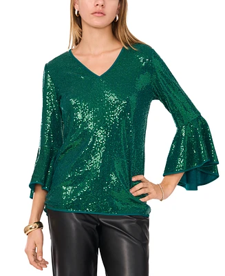 Vince Camuto Women's Sequined V-Neck Bell-Sleeve Top