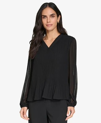 Calvin Klein Women's Mini-Pleated V-Neck Long-Sleeve Top Clone