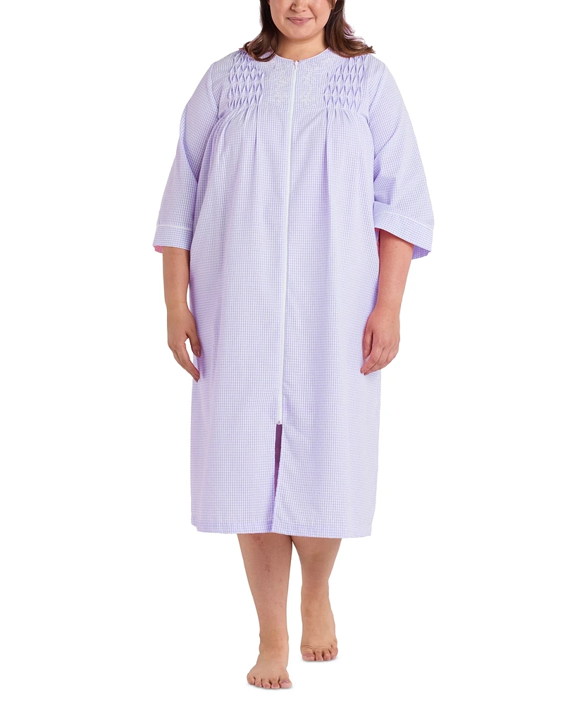 Miss Elaine Plus 3/4-Sleeve Zip-Front Seersucker Robe
