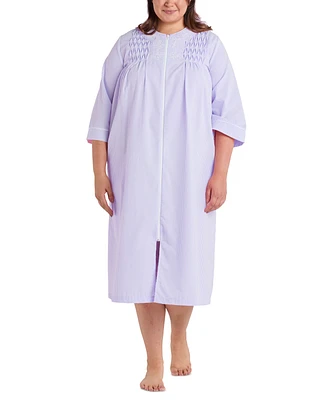 Miss Elaine Plus 3/4-Sleeve Zip-Front Seersucker Robe