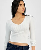 Hooked Up by Iot Juniors' Pointelle V-Neck Long-Sleeve Sweater