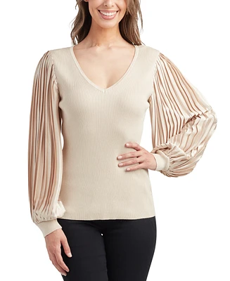 Bcx Juniors' V-Neck Rib-Knit Pleat-Sleeve Sweater