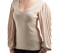 Bcx Juniors' V-Neck Rib-Knit Pleat-Sleeve Sweater