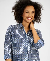 Nautica Jeans Women's Cotton Tile-Print Roll-Tab Shirt