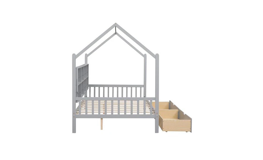 Slickblue Wooden Full House Bed with 2 Drawers,Kids Storage Shelf