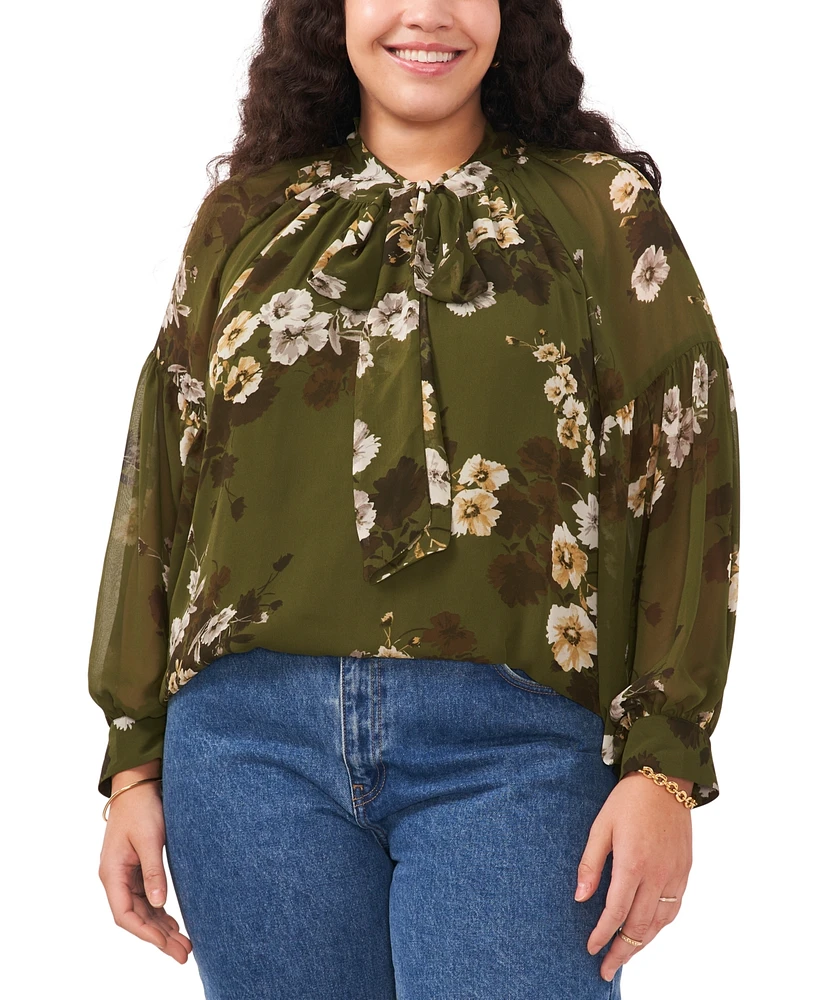 Vince Camuto Plus Floral-Print Tie-Neck Top